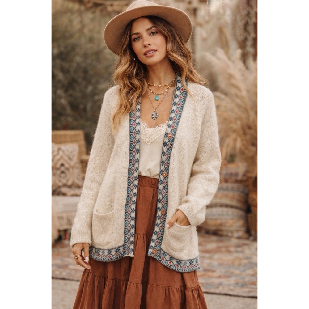 Artisan Wool Cardigan Cream Knit Folk Pattern Trim Wooden Buttons